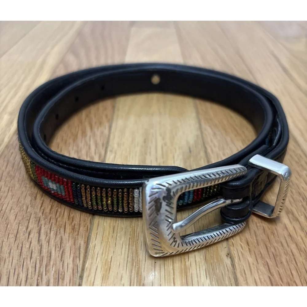 BRIGHTON Womens Beaded Black Leather Skinny Belt Tribal Festival Silver Buckle